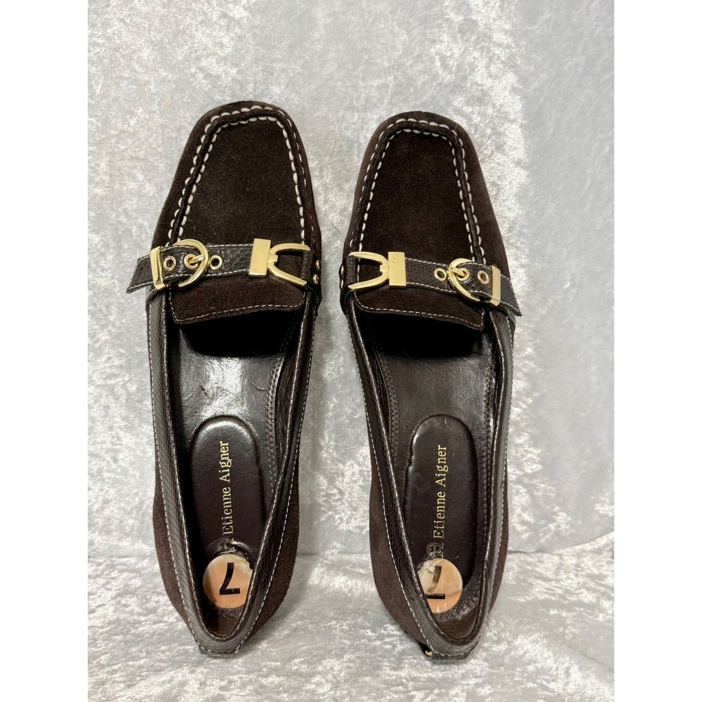 Etienne Aigner SEMPEST Brown Suede Faux Python Buckle Loafers Square Toe Size 7 - Picture 10 of 10